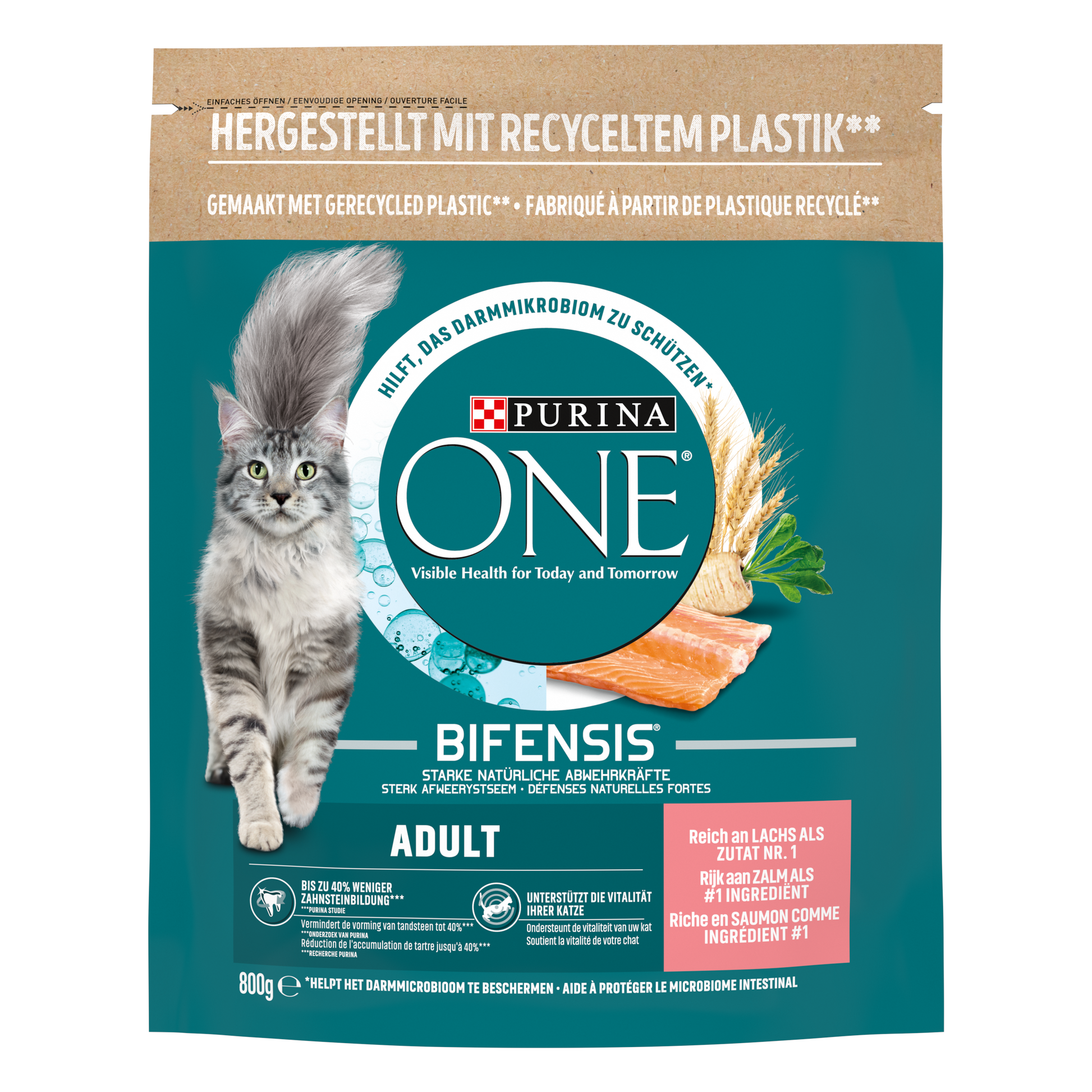 Purina ONE Zalm droog kattenvoer voor volwassen katten 800 g verpakking voorkant