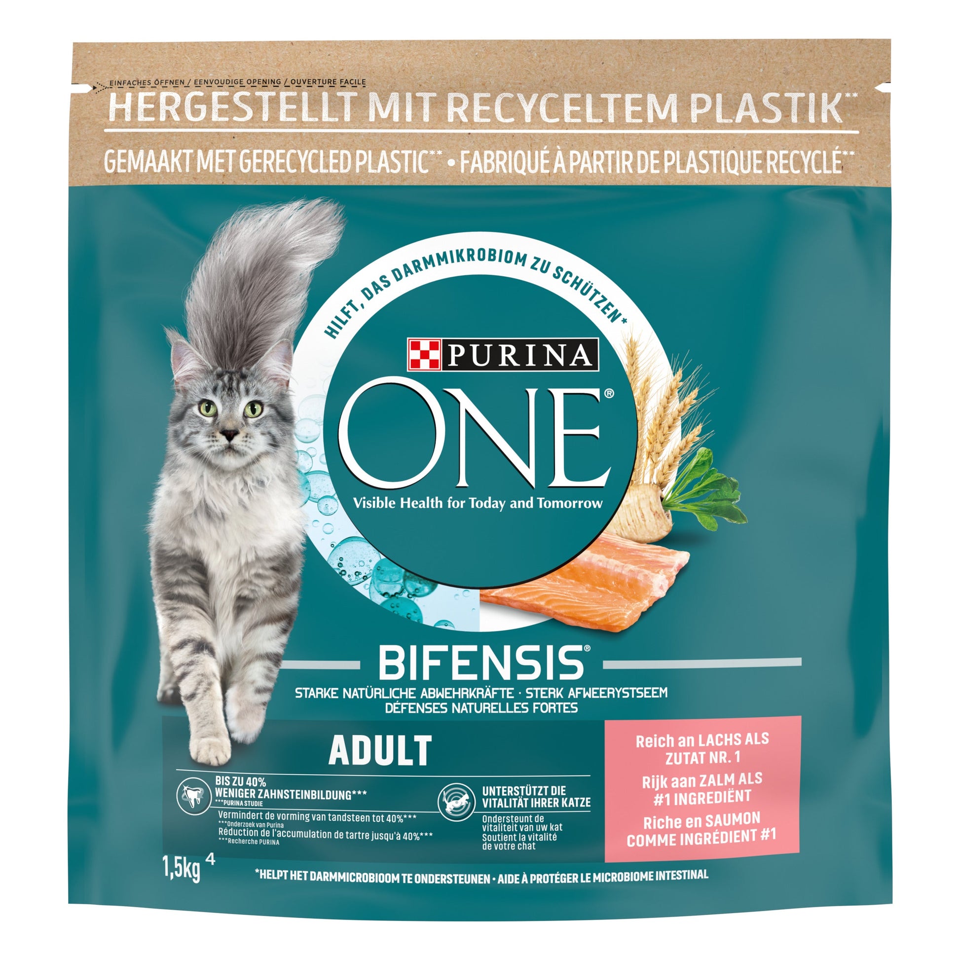 Purina ONE Zalm en Verse Groenten droog kattenvoer voor volwassen katten 1,5 kg verpakking voorkant