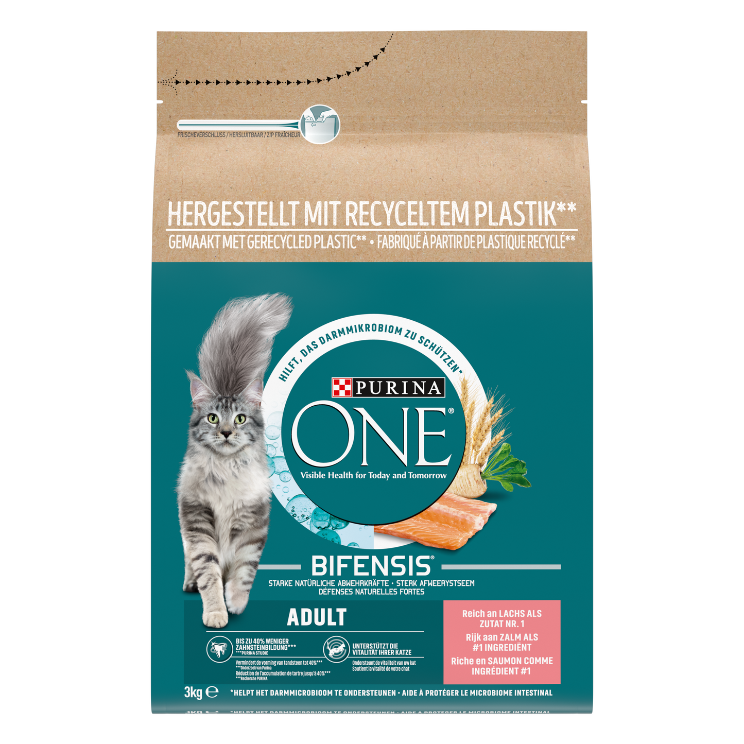 Purina ONE Zalm en Verse Groenten droog kattenvoer voor volwassen katten 3 kg verpakking voorkant