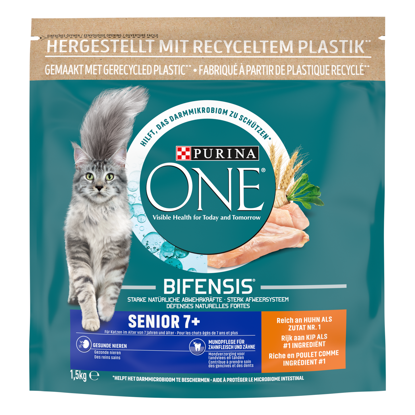 Purina ONE Senior Kip en Verse Groenten droog kattenvoer 1,5 kg verpakking voorkant