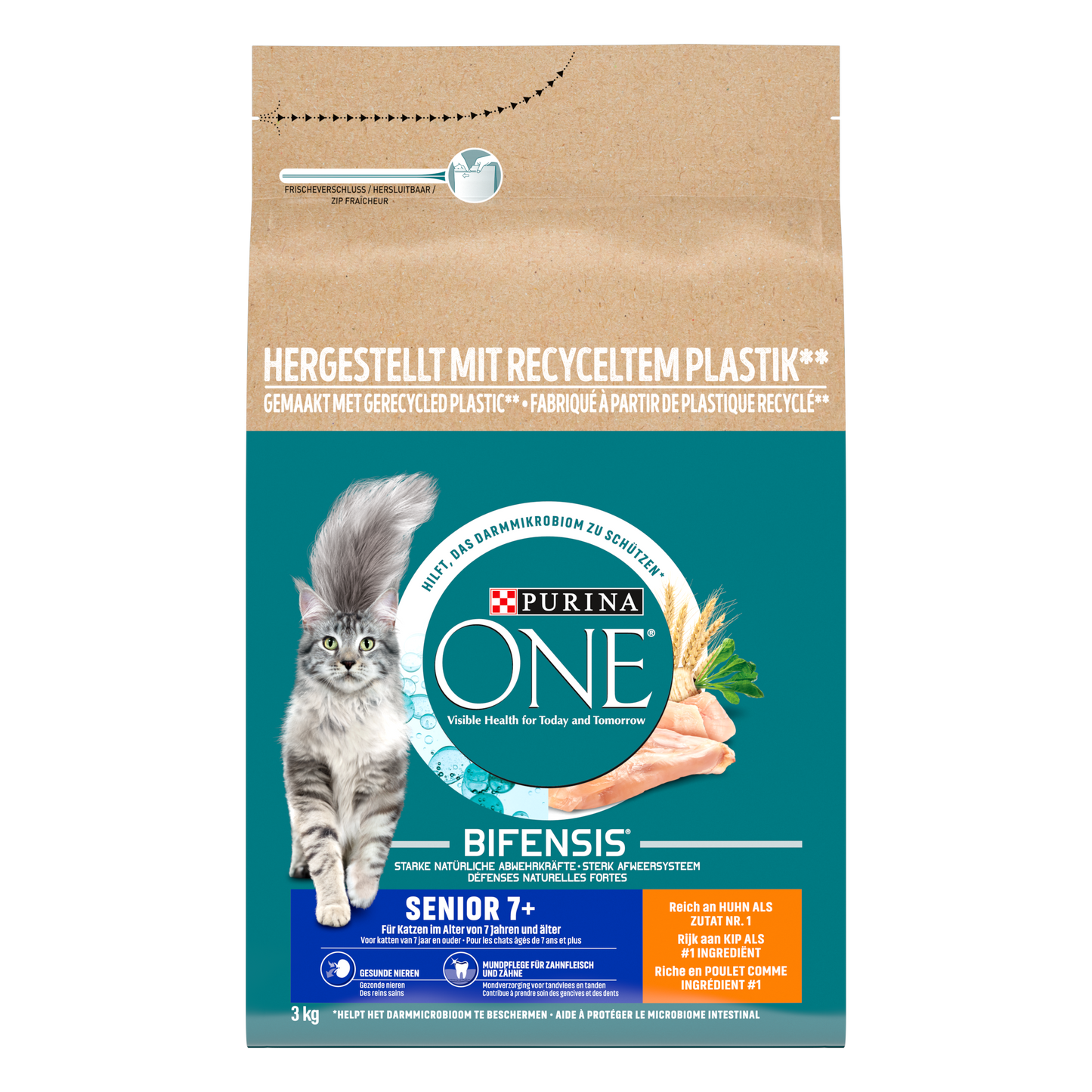 Purina ONE Senior Kip droog kattenvoer 3 kg verpakking voorkant