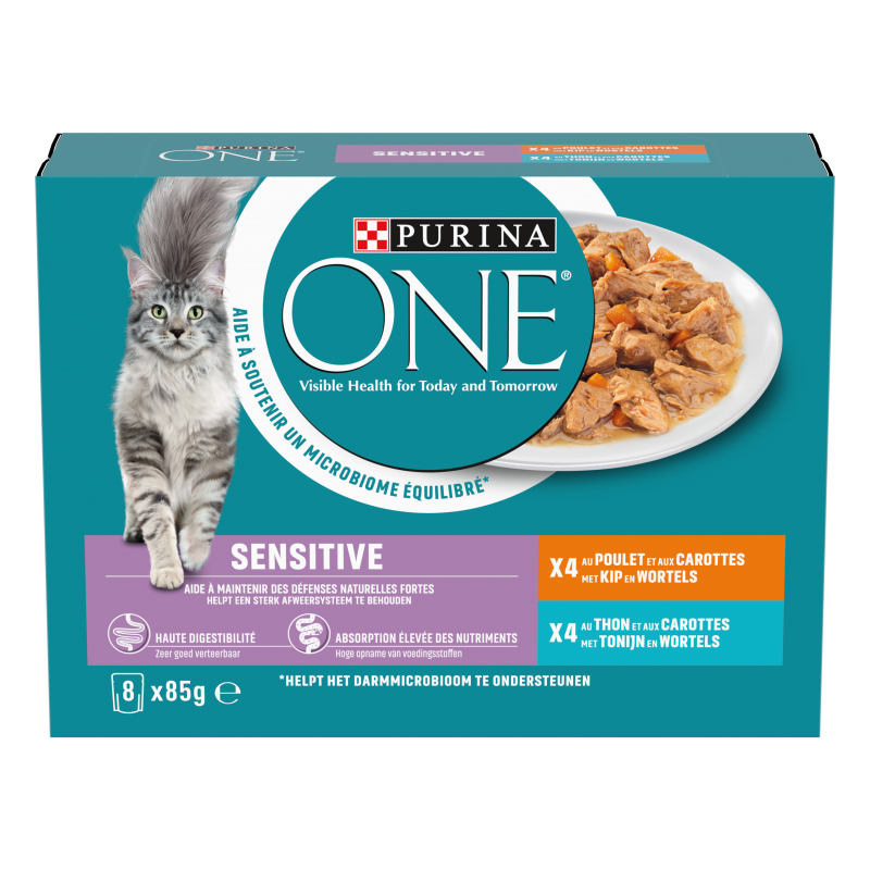 Purina ONE Sensitive voor Volwassen Katten Maaltijdzakjes Kip & Tonijn & Wortels – Natvoer – 8 × 85 g