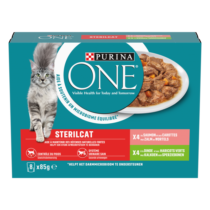 Purina ONE Gesteriliseerd voor Volwassen Katten Zalm & Wortels & Kalkoen & Sperziebonen – Droog Kattenvoer – 8 × 85 g