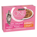 Purina ONE Kitten maaltijdzakjes Zalm Kip en Wortels nat kattenvoer 8 x 85 g verpakking voorkant