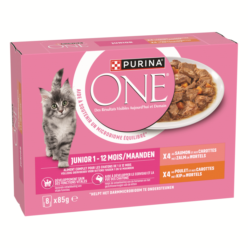 Purina ONE Kitten maaltijdzakjes Zalm Kip en Wortels nat kattenvoer 8 x 85 g verpakking voorkant