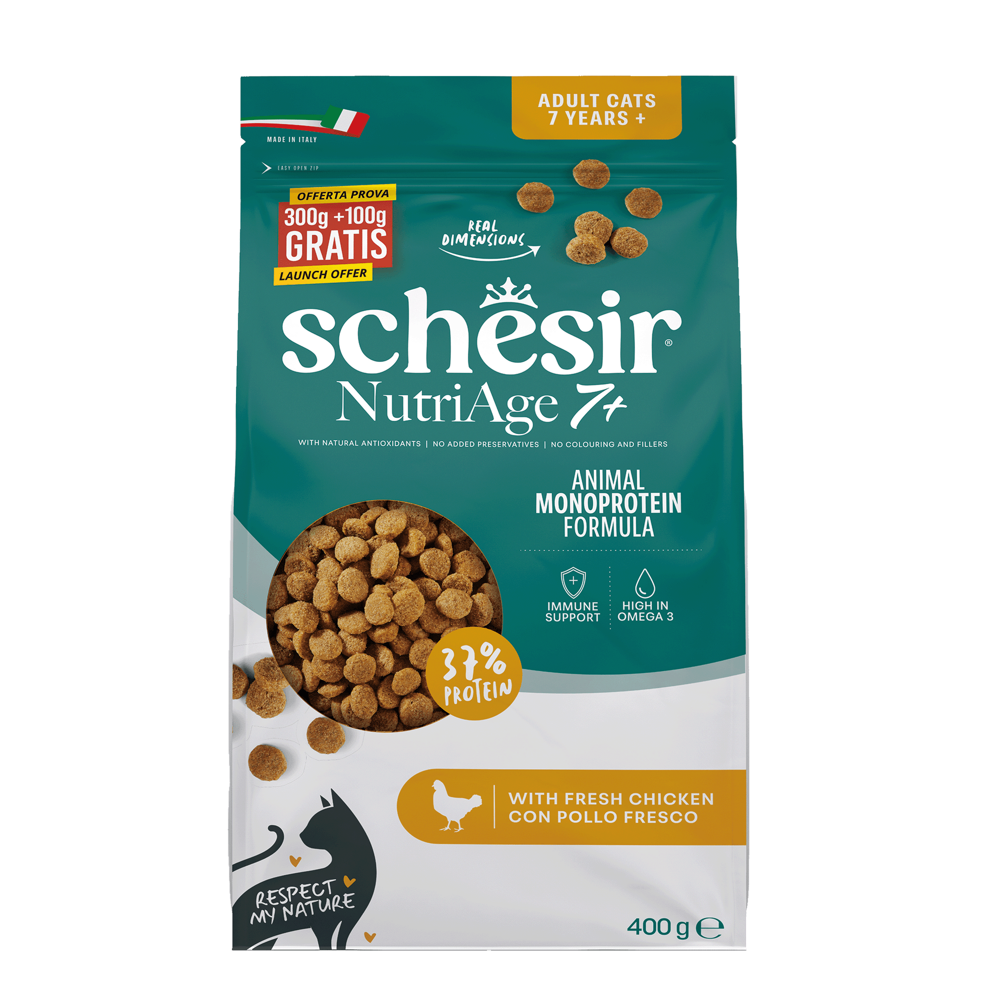 Schesir Monoprotein Nutriage 7+ Kip – Droog Kattenvoer – 400 g