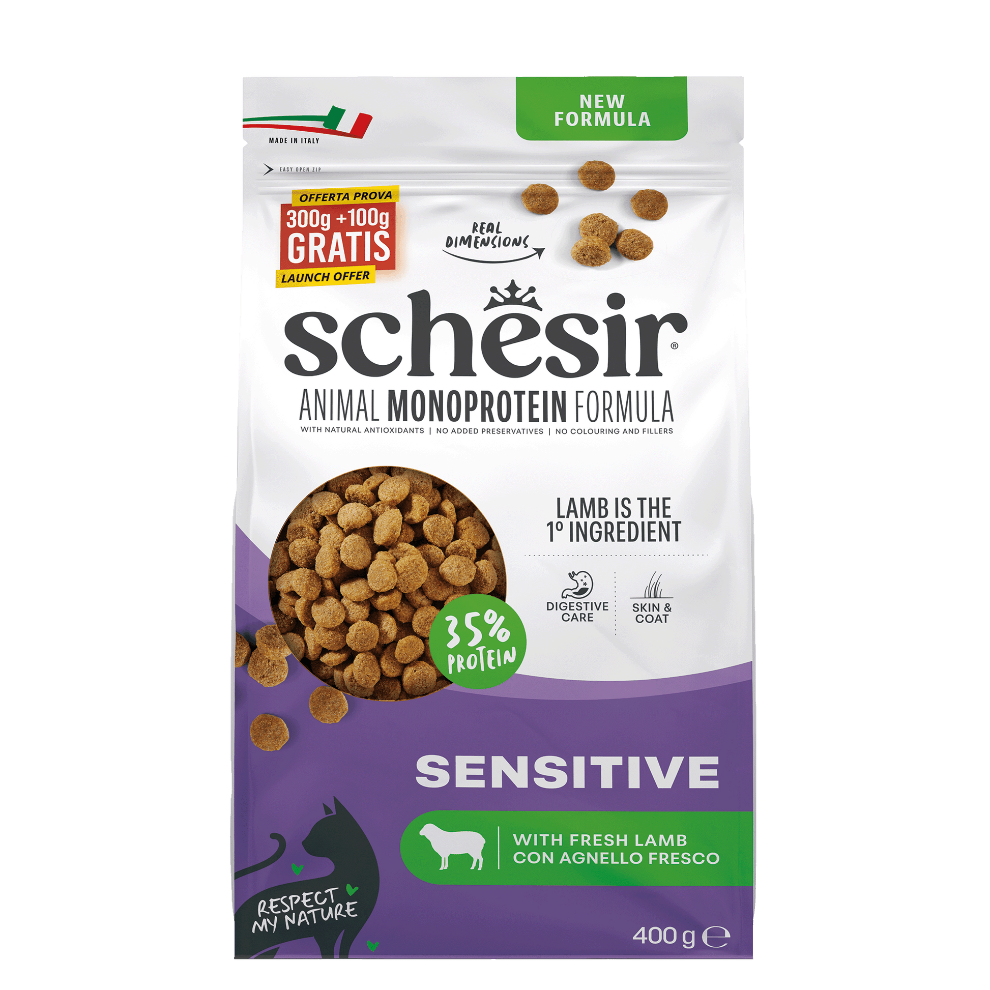 Schesir Monoprotein Sensitive Lam – Droog Kattenvoer – 400 g