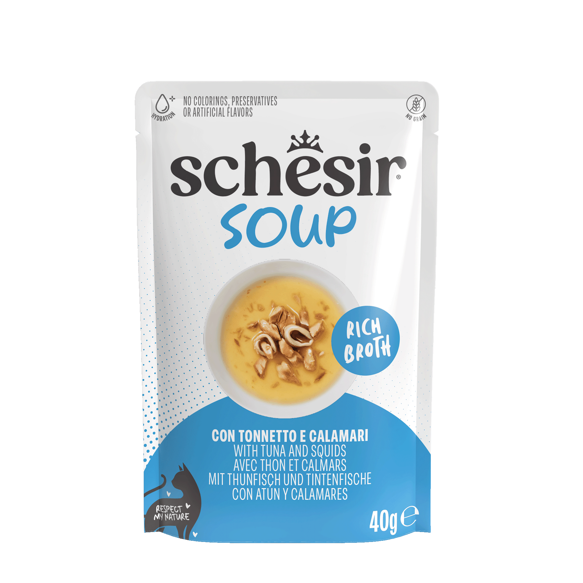 Schesir Soup tonijn en inktvis – aanvullende kattenvoeding 40g