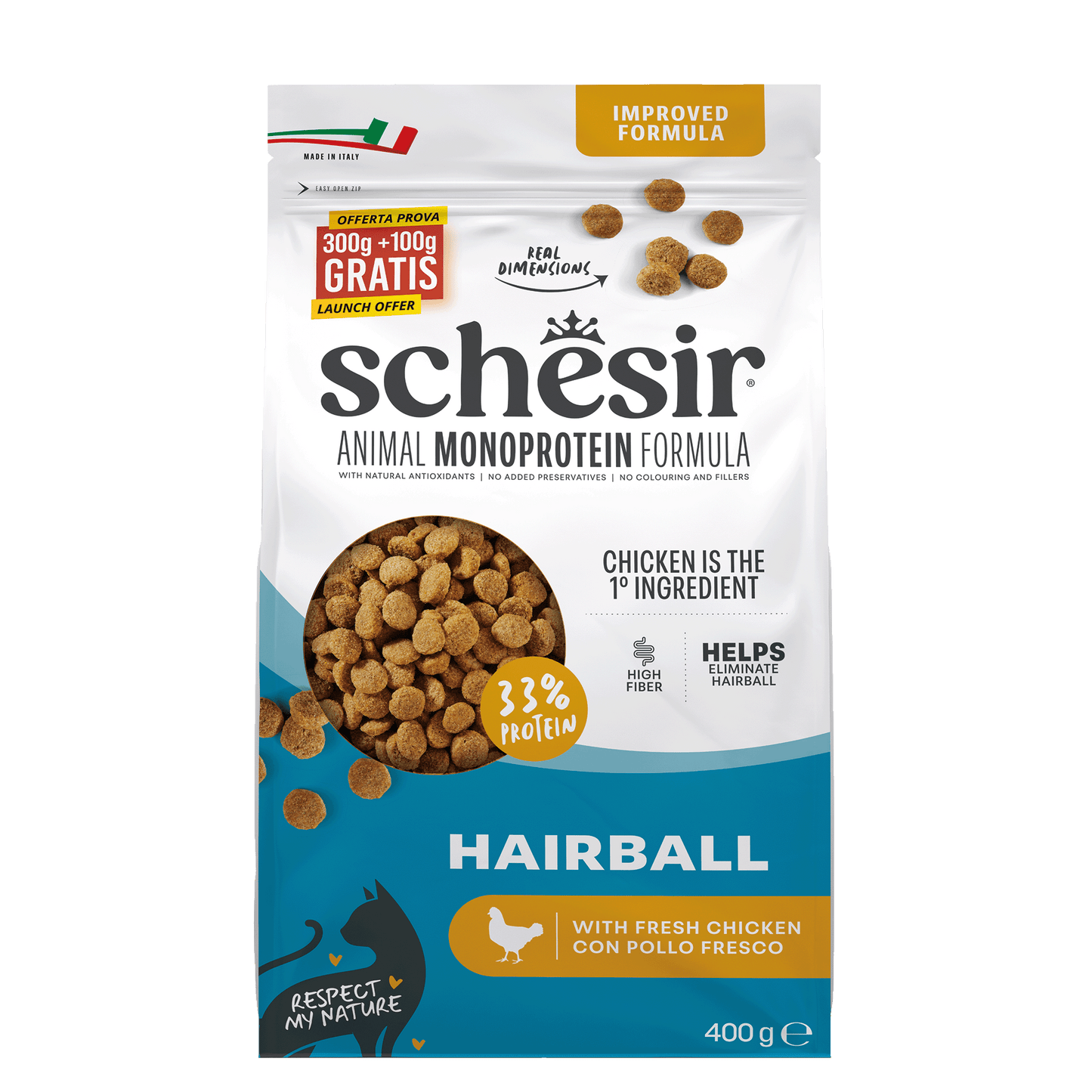 Schesir Monoprotein Haarbalcontrole Kip – Droog Kattenvoer – 400 g