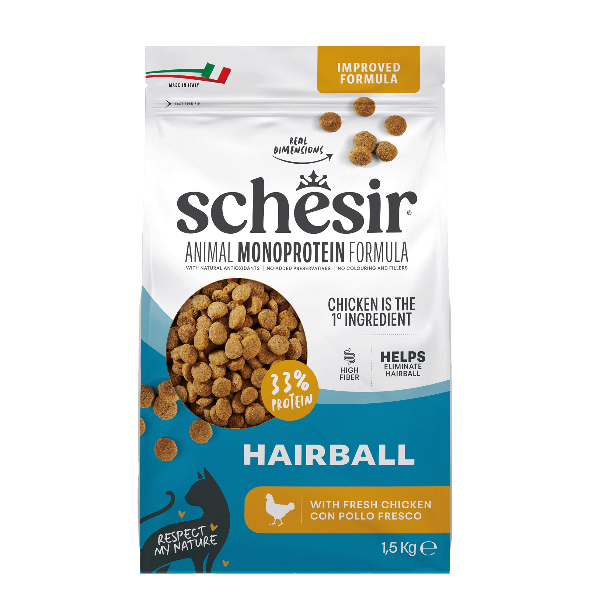 Schesir Monoprotein Haarbalcontrole Kip – Droog Kattenvoer – 1,5 kg