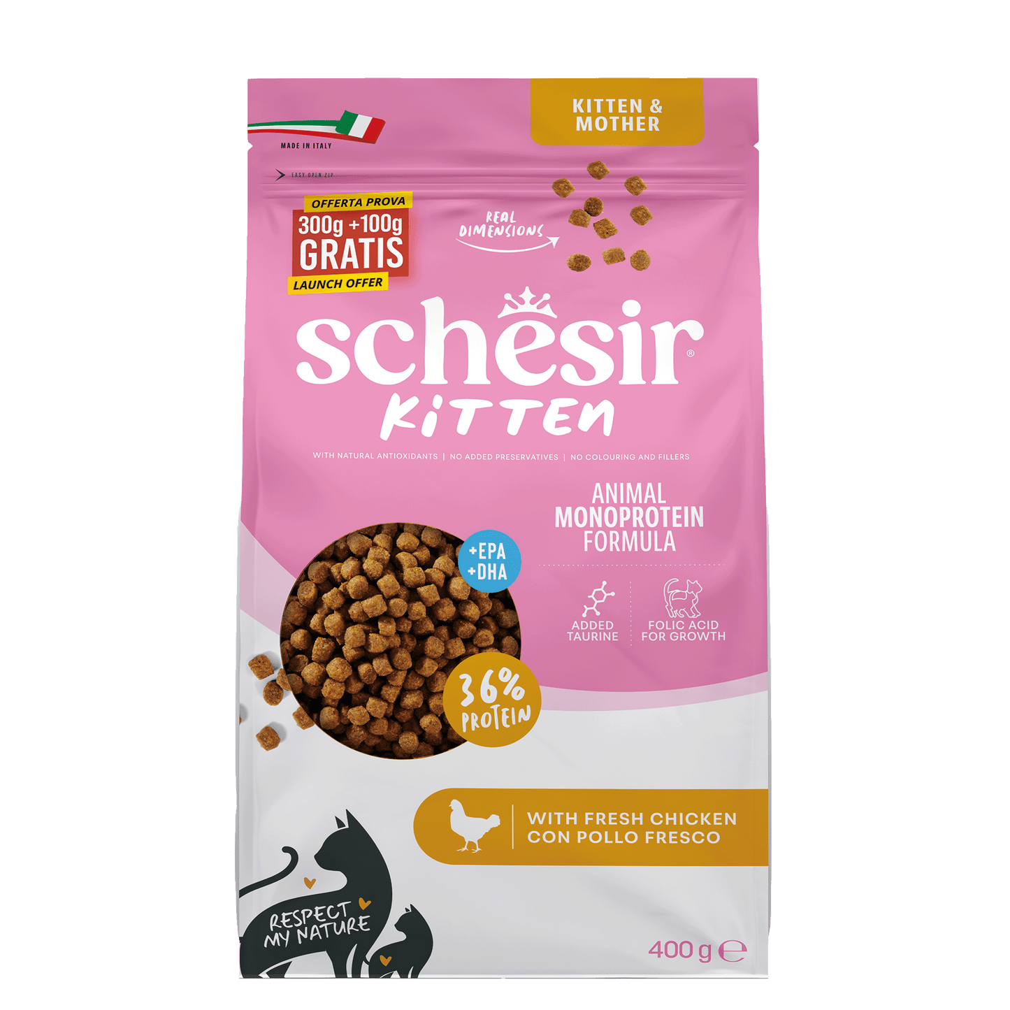 Schesir Monoprotein Kitten Kip – Droog Kattenvoer – 400 g