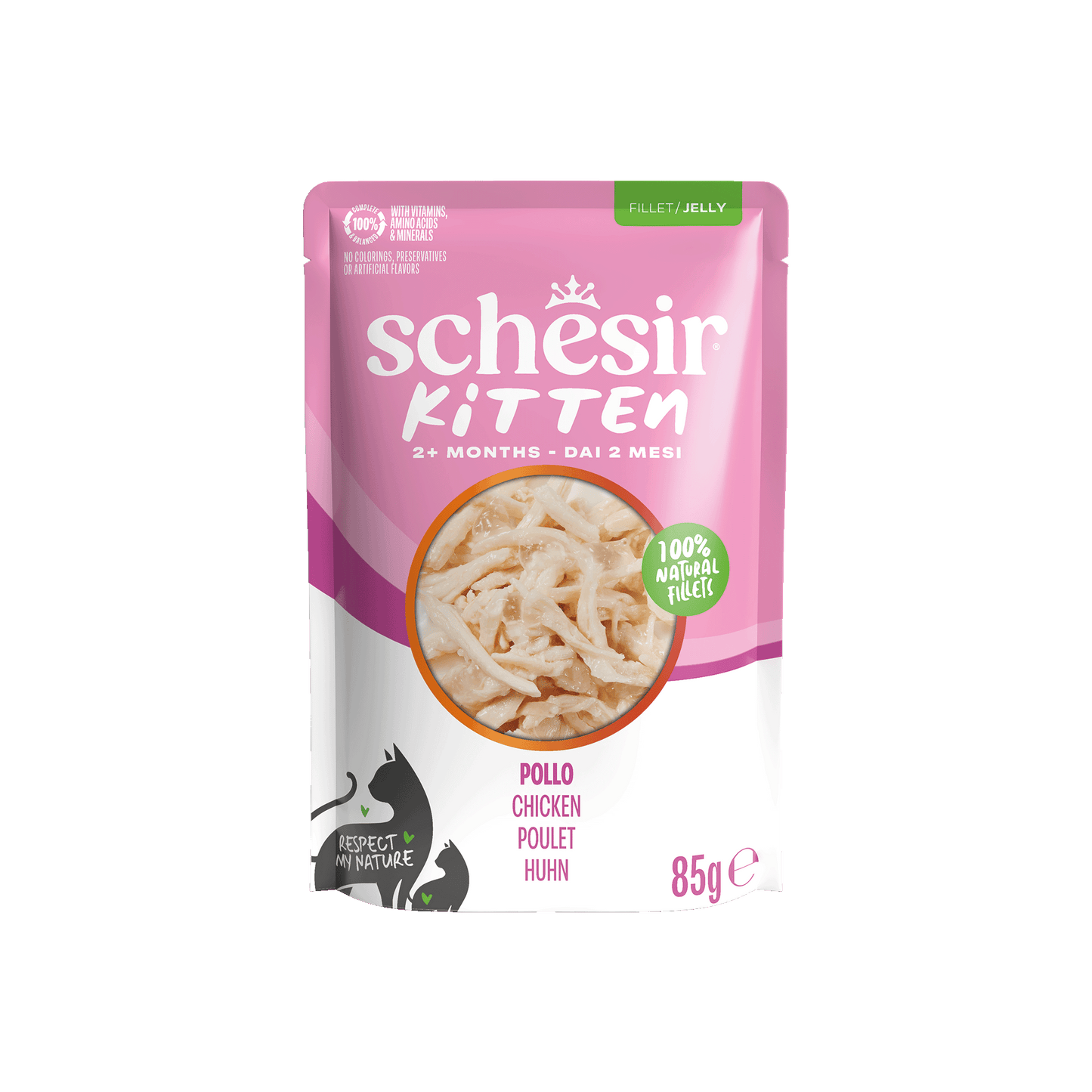 Schesir Kitten Care 3-12 Gelei Kip in Maaltijdzakjes – Natvoer – 85 g
