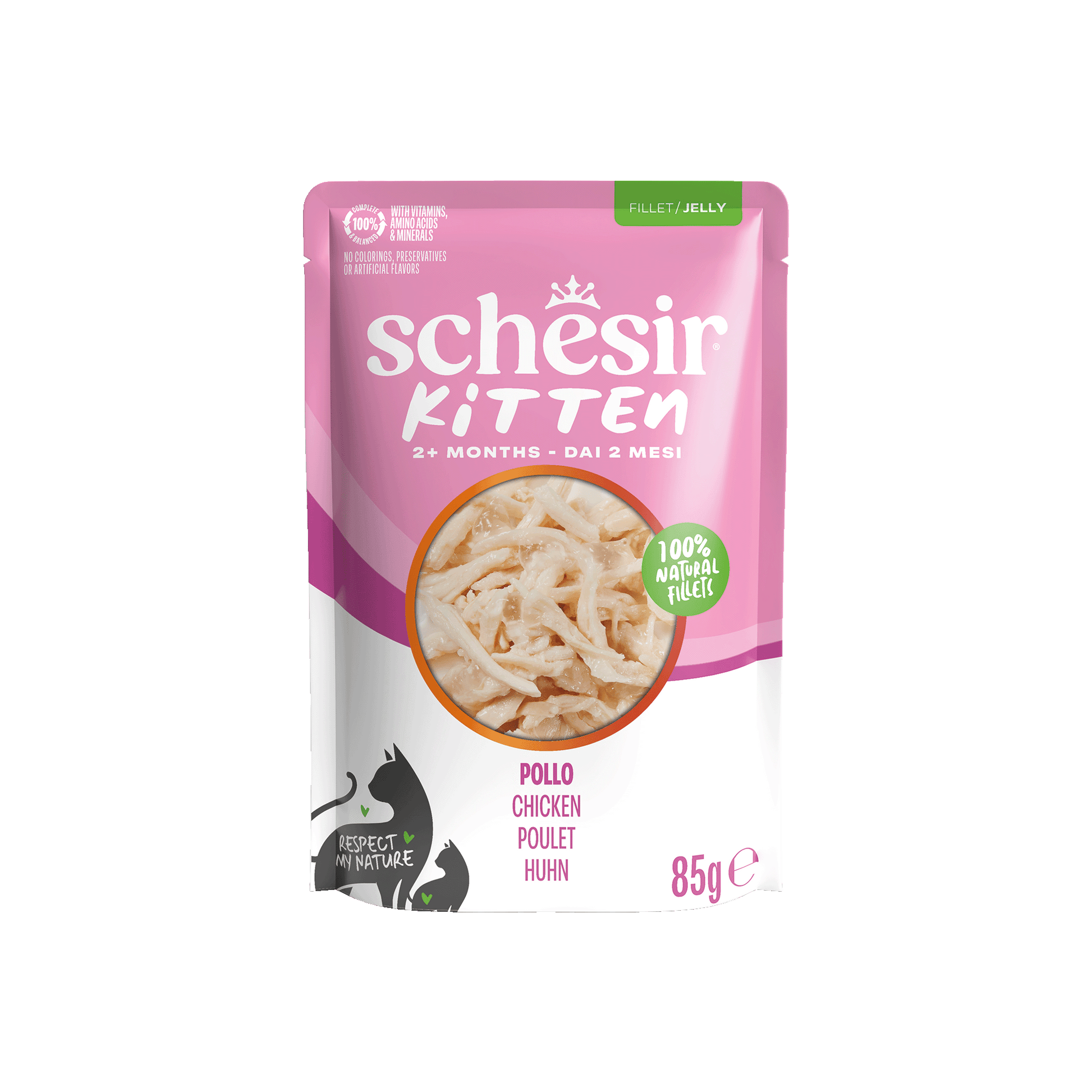 Schesir Kitten Care 3-12 Gelei Kip in Maaltijdzakjes – Natvoer – 85 g