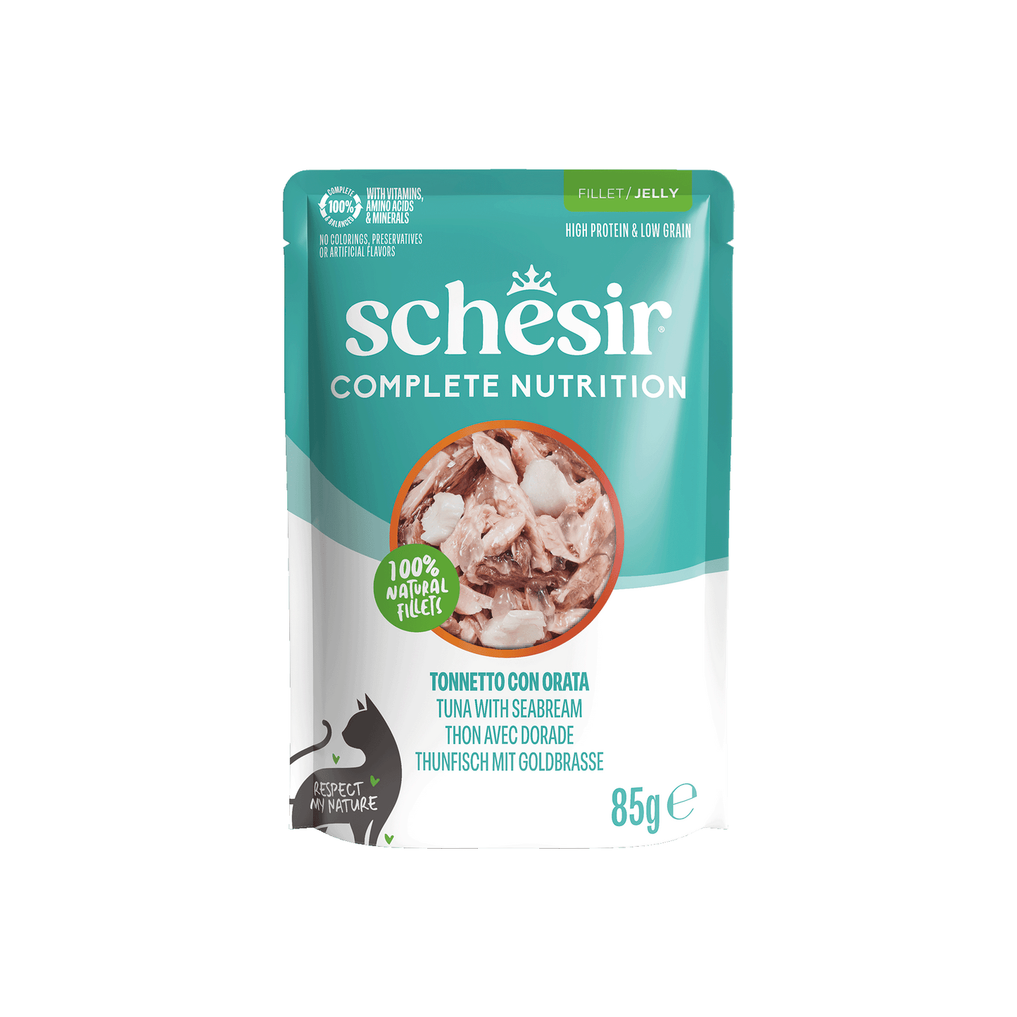 Schesir Complete & Balanced Gelei Tonijn & Zeebrasem in Maaltijdzakjes – Natvoer – 85 g