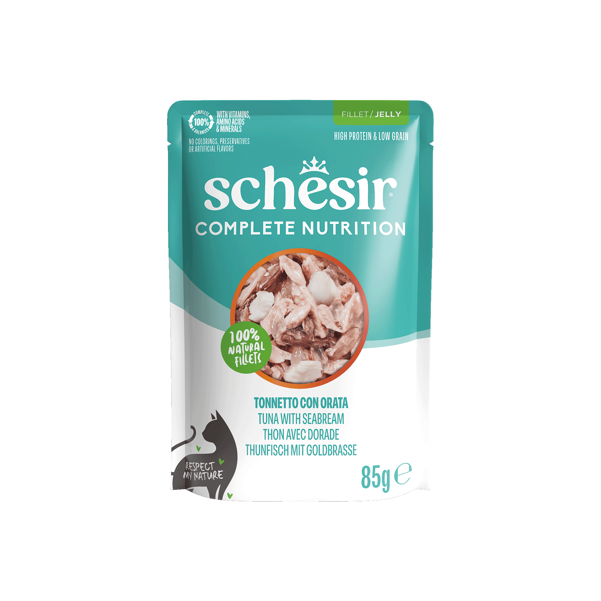 Schesir Complete & Balanced Gelei Tonijn & Zeebrasem in Maaltijdzakjes – Natvoer – 85 g
