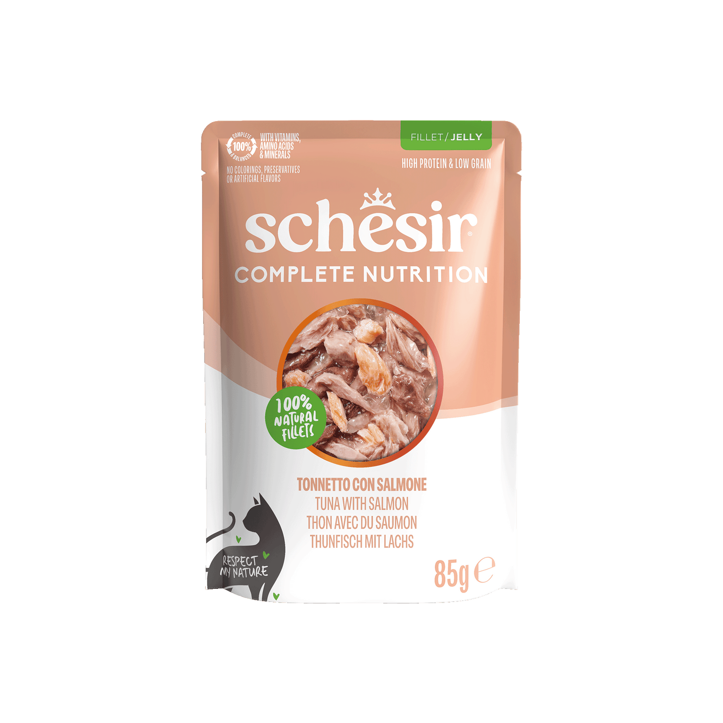 Schesir Complete & Balanced Gelei Tonijn & Zalm in Maaltijdzakjes – Natvoer – 85 g