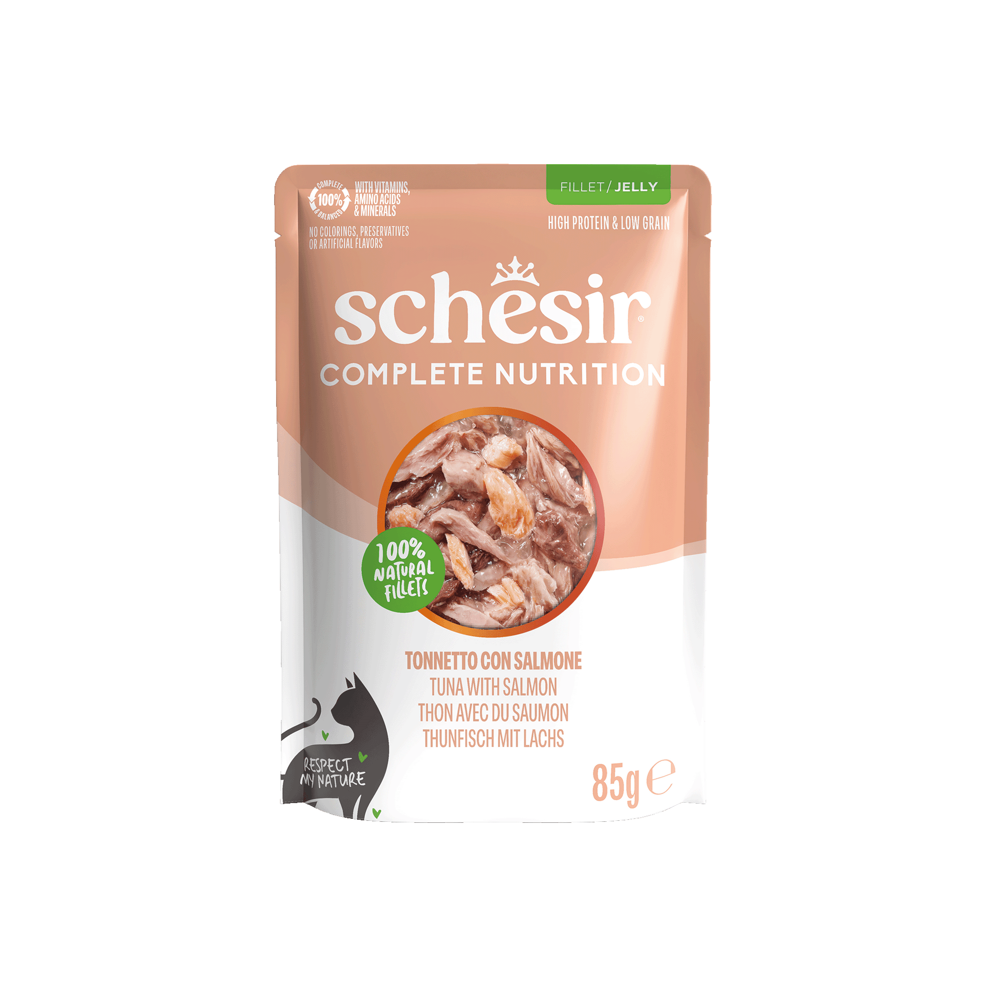 Schesir Complete & Balanced Gelei Tonijn & Zalm in Maaltijdzakjes – Natvoer – 85 g