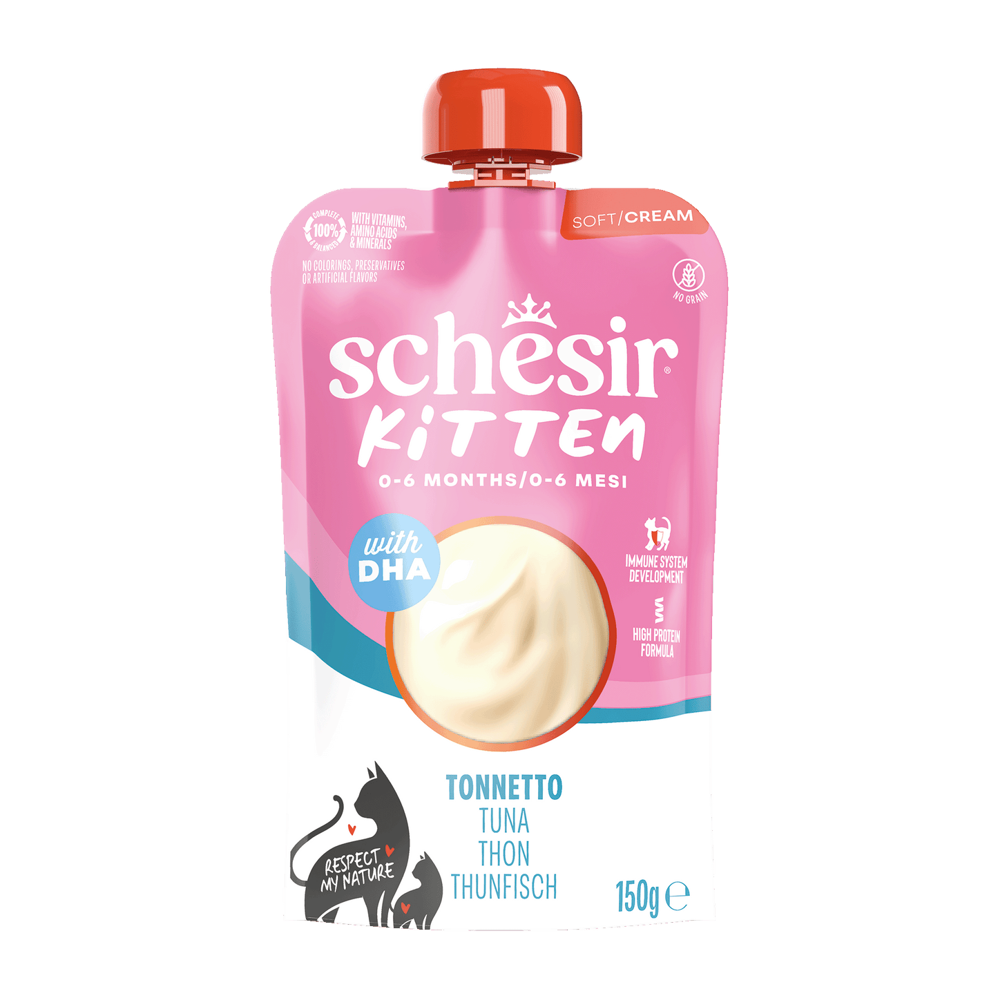 Schesir Kitten Care 0-6 Crème Tonijn in Maaltijdzakjes – Natvoer – 150 g