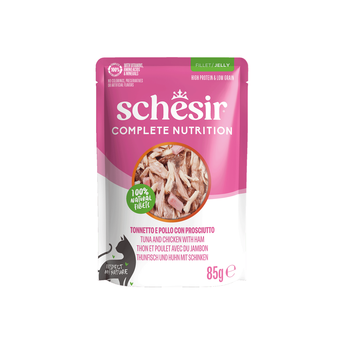 Schesir Complete & Balanced Gelei Tonijn & Kip & Ham in Maaltijdzakjes – Natvoer – 85 g