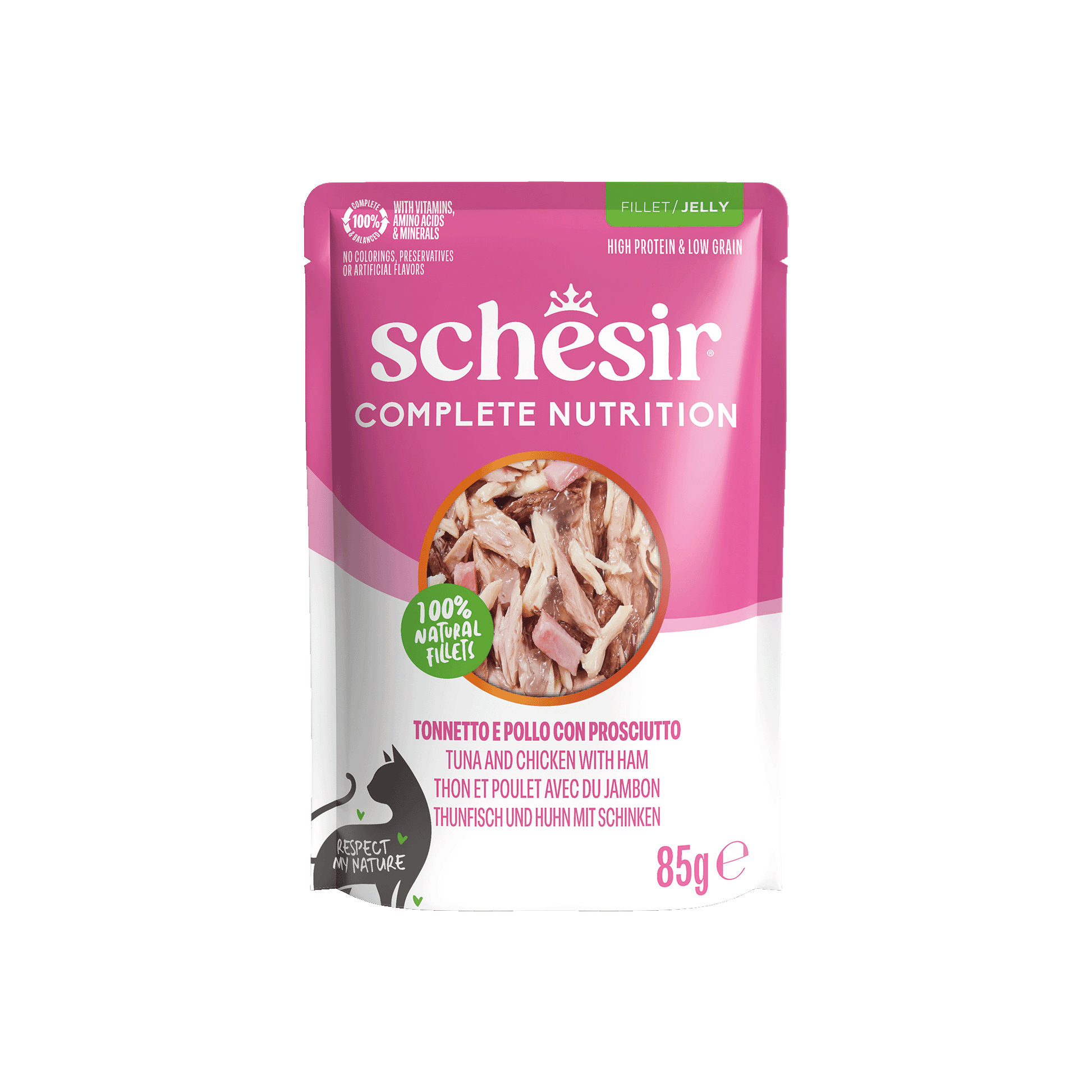 Schesir Complete & Balanced Gelei Tonijn & Kip & Ham in Maaltijdzakjes – Natvoer – 85 g