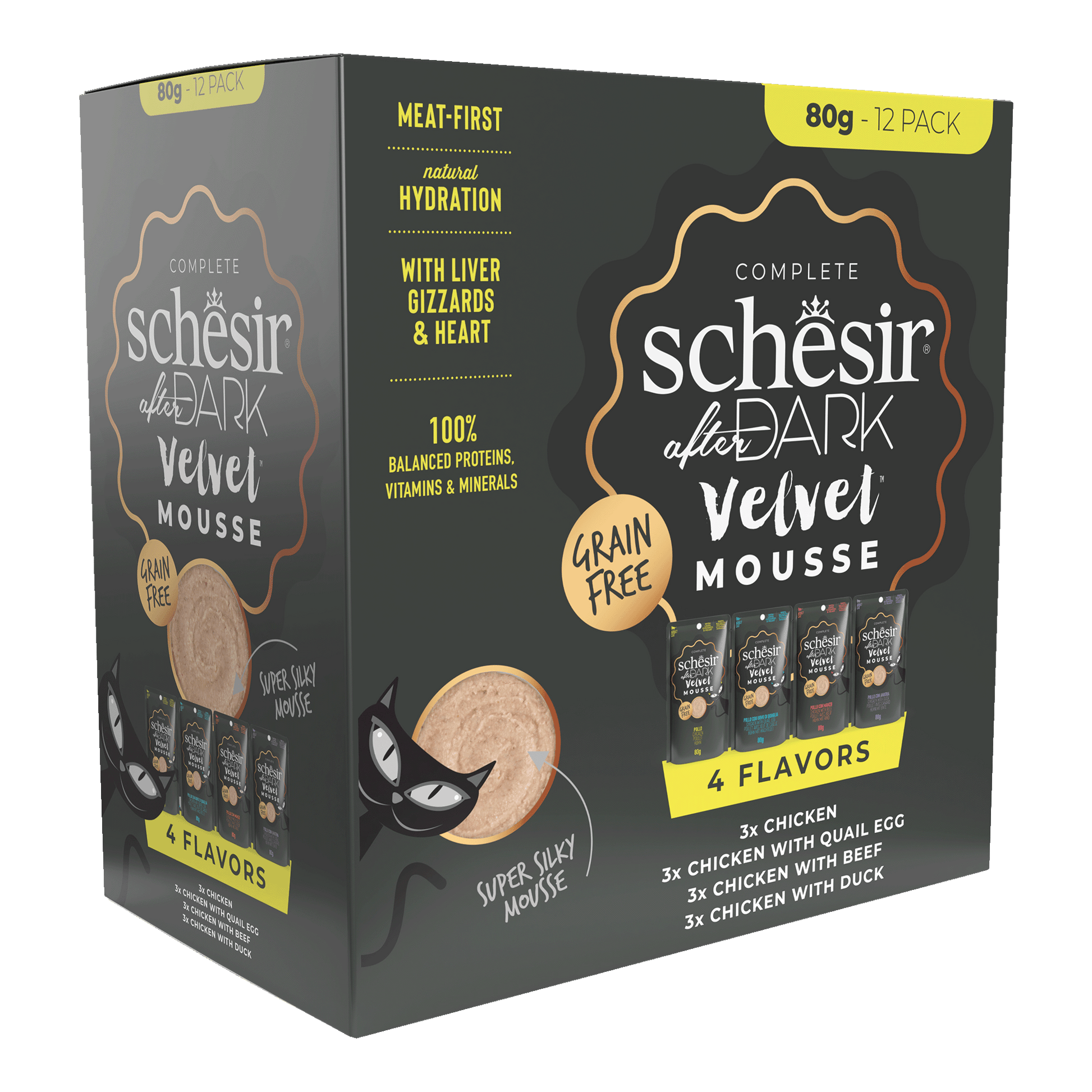 Schesir After Dark Velvet Variatiepack Mousse in Maaltijdzakjes – Natvoer – 12 × 80 g