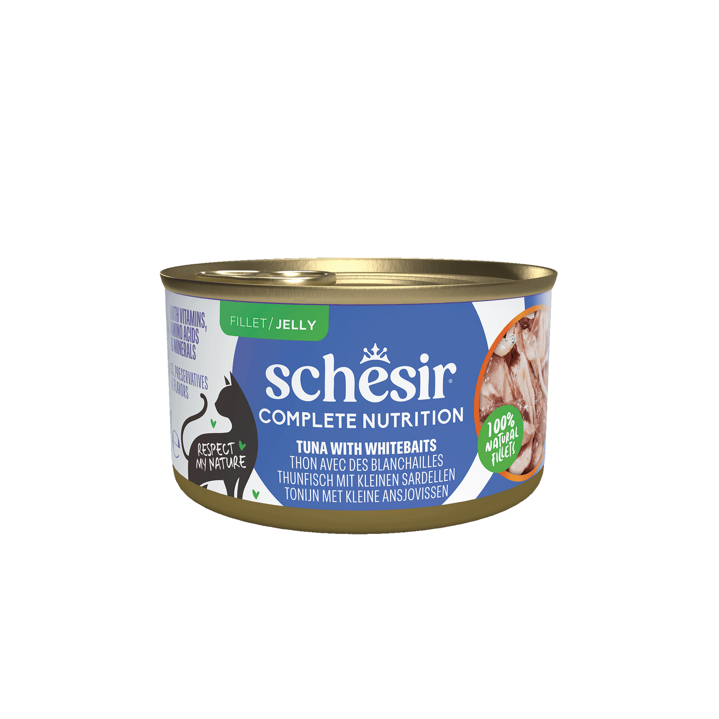 Schesir Complete & Balanced Gelei Tonijn & Witvis in Blik – Natvoer – 85 g