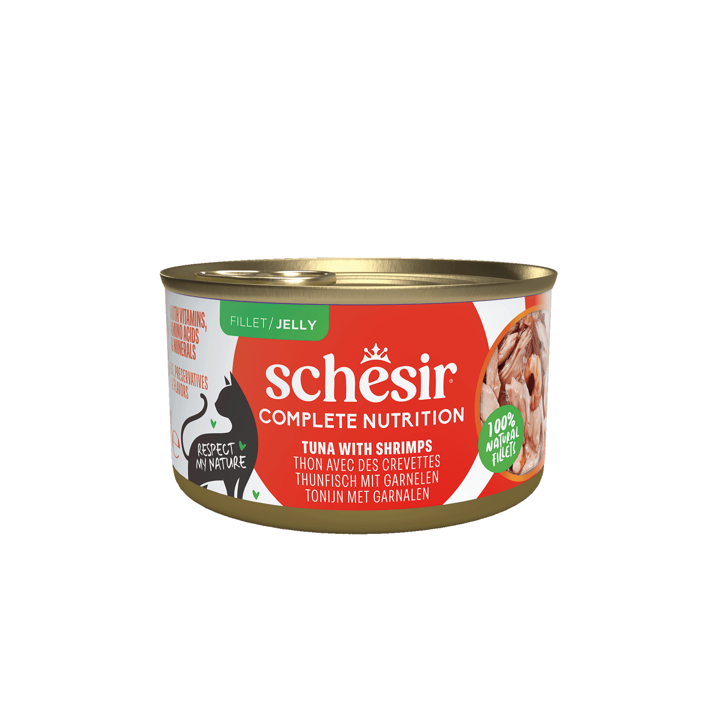 Schesir Complete & Balanced Gelei Tonijn & Garnalen in Blik – Natvoer – 85 g