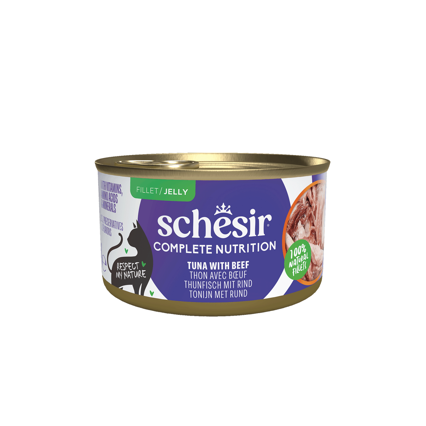 Schesir Complete & Balanced Gelei Tonijn & Rund in Blik – Natvoer – 85 g