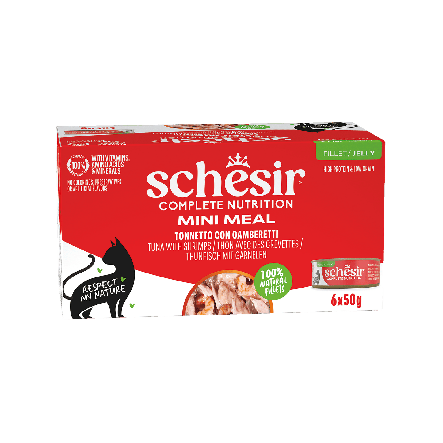 Schesir Complete & Balanced Gelei Tonijn & Garnalen Variatiepack in Blik – Natvoer – 6 × 50 g