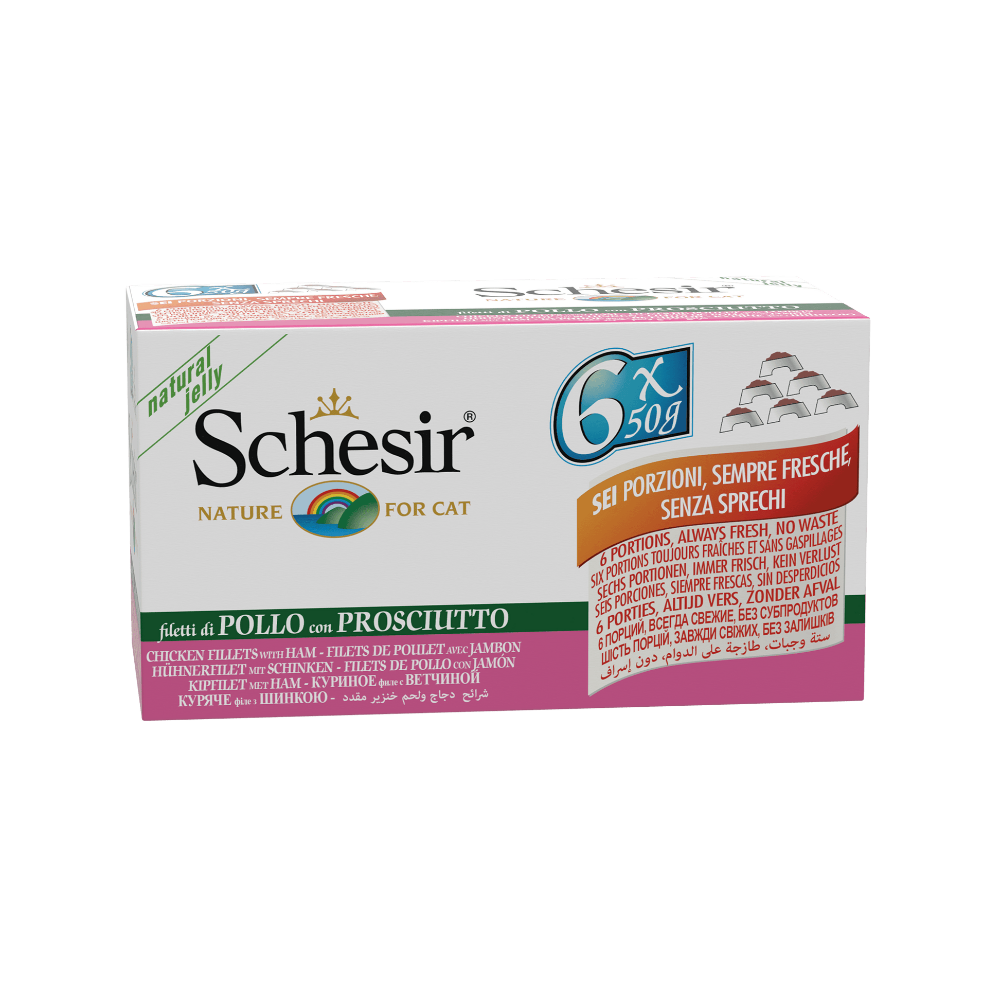 Schesir Gelei Kipfilet & Ham Variatiepack in Blik – Natvoer – 6 × 50 g