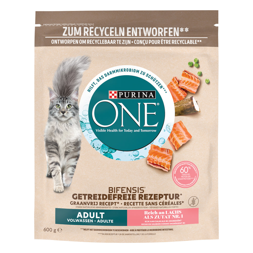 Purina ONE Zalm graanvrij droog kattenvoer voor volwassen katten 600 g verpakking voorkant