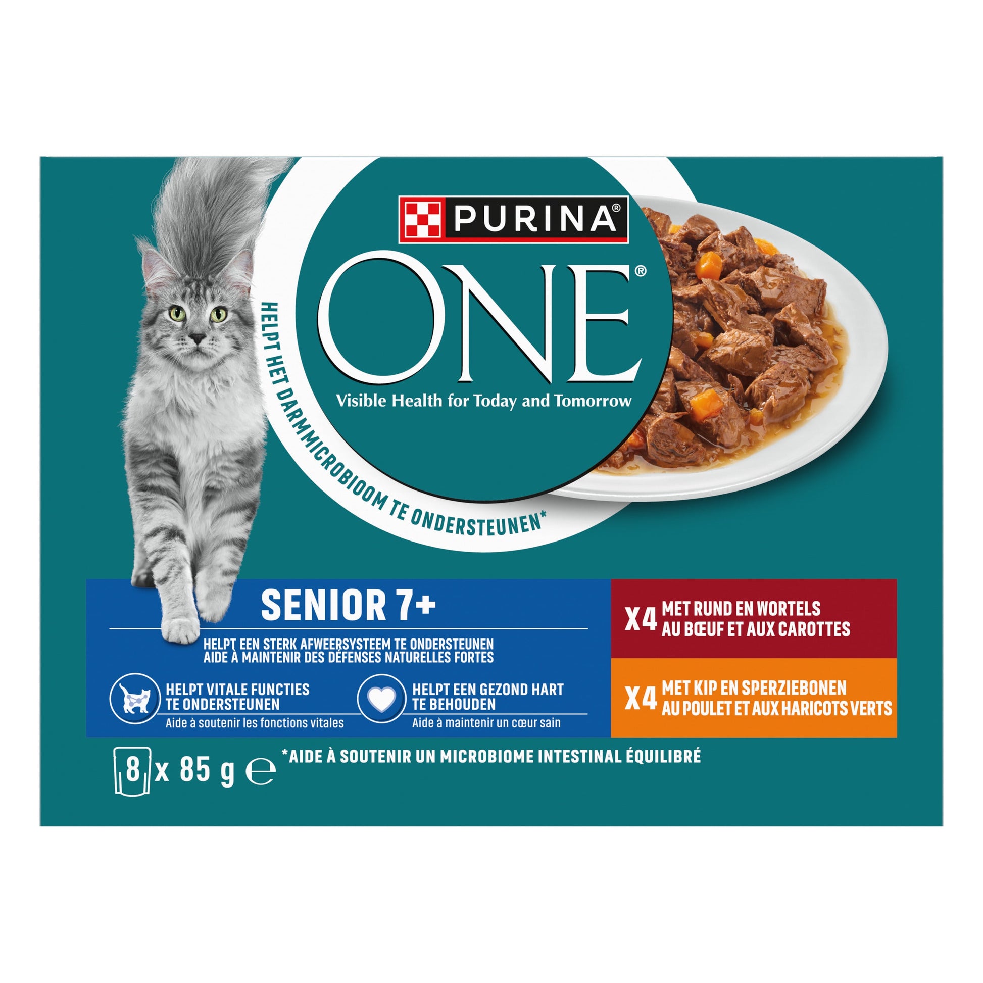 Purina ONE Senior maaltijdzakjes Rund en Kip nat kattenvoer 8 x 85 g verpakking voorkant