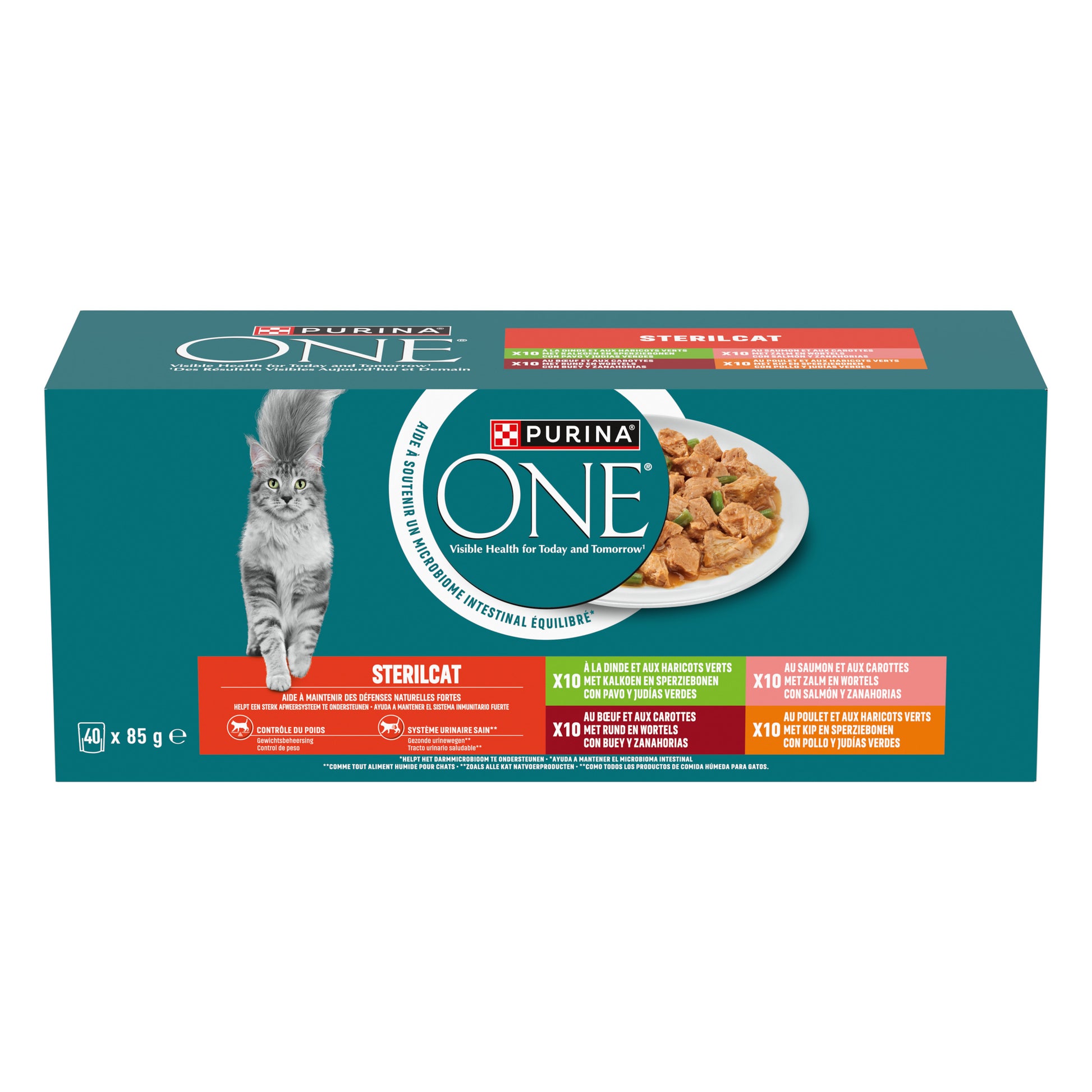 Purina ONE Gesteriliseerd voor Volwassen Katten Maaltijdzakjes Kalkoen & Zalm & Rund & Kip Variatiepack – Natvoer – 40 × 85 g