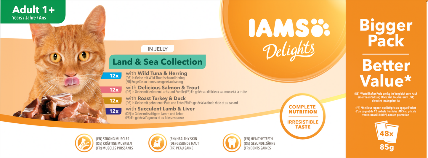 IAMS Delights Maaltijdzakje Adult Vlees & Vis Selectie Gelei Multipack – Nat Kattenvoer – 48 x 85 g