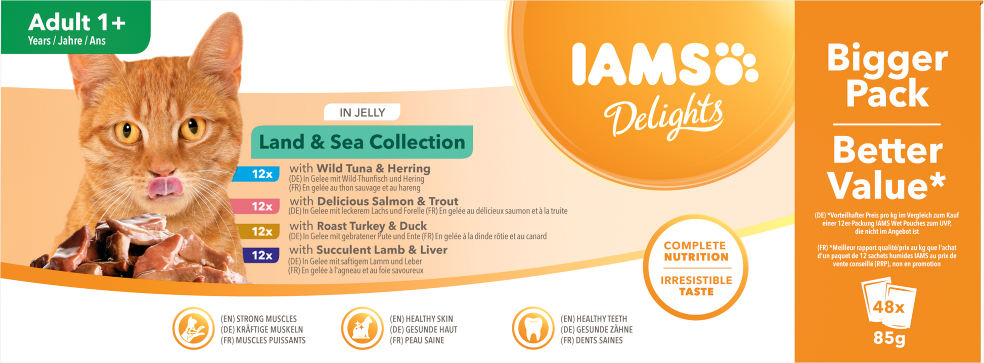IAMS Delights Maaltijdzakje Adult Vlees & Vis Selectie Gelei Multipack – Nat Kattenvoer – 48 x 85 g