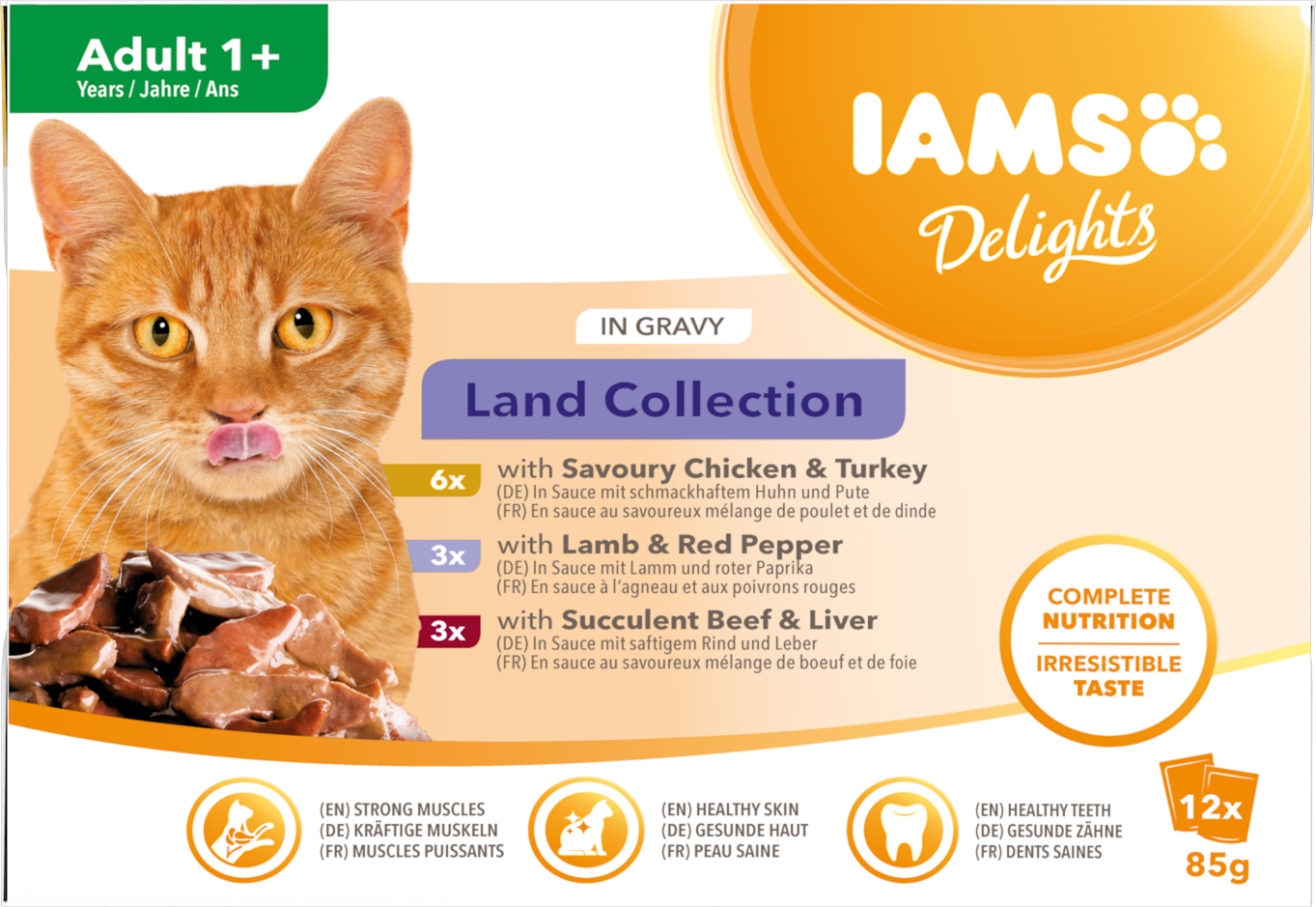 IAMS Delights Maaltijdzakje Adult Vlees Selectie Saus Multipack – Nat Kattenvoer – 12 x 85 g