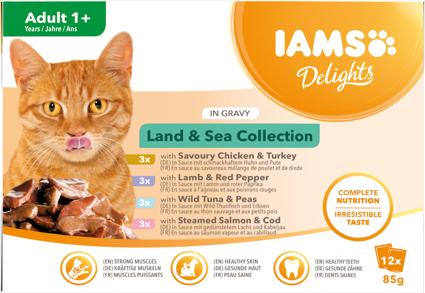 IAMS Delights Maaltijdzakje Adult Vlees & Vis Selectie Saus Multipack – Nat Kattenvoer – 12 x 85 g