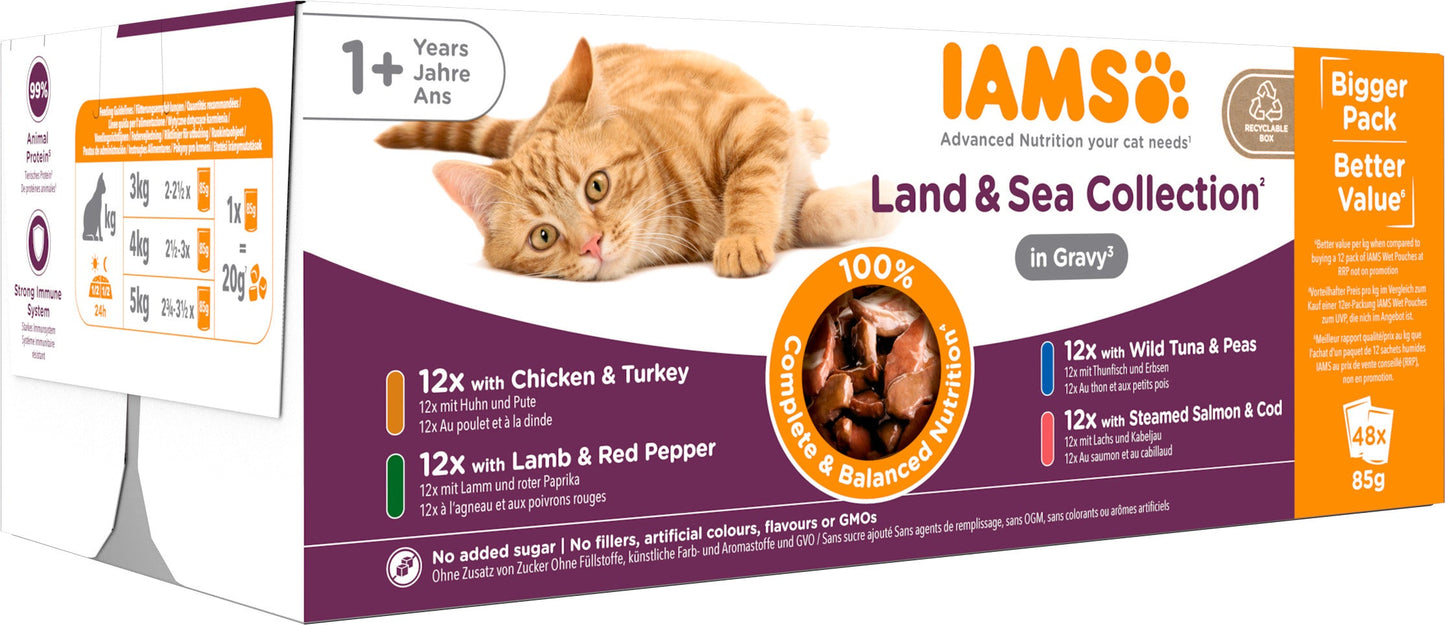 IAMS Delights Maaltijdzakje Adult Vlees & Vis Selectie Saus Multipack – Nat Kattenvoer – 48 x 85 g