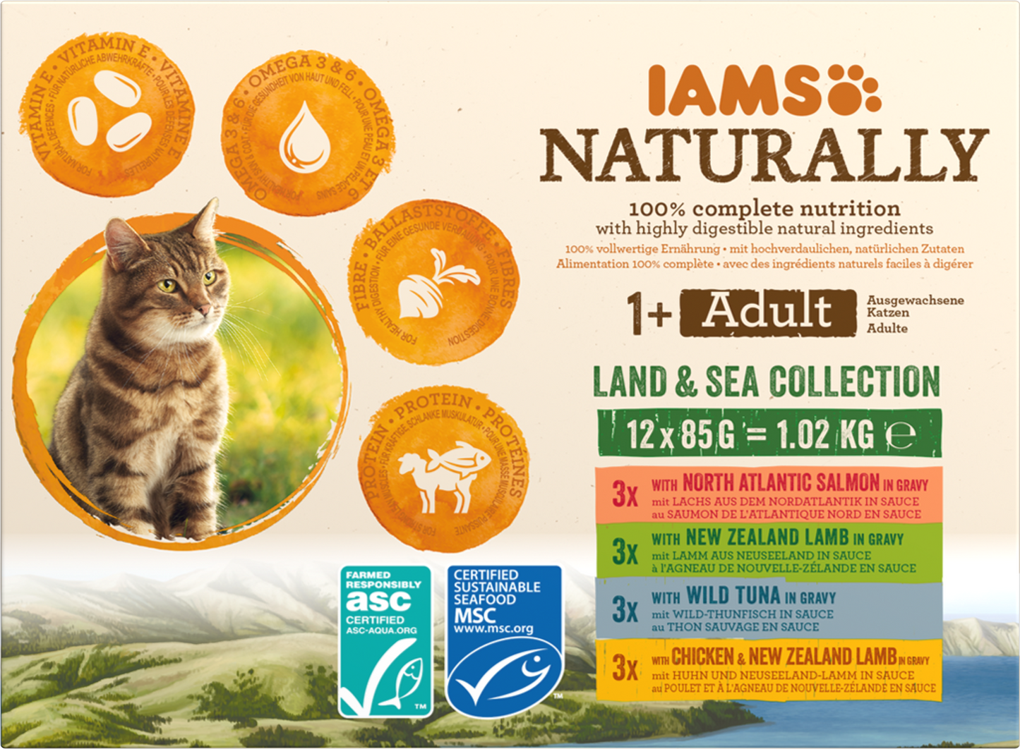 IAMS Naturally Maaltijdzakje Adult Vlees & Vis Selectie Multipack – Nat Kattenvoer – 12 x 85 g