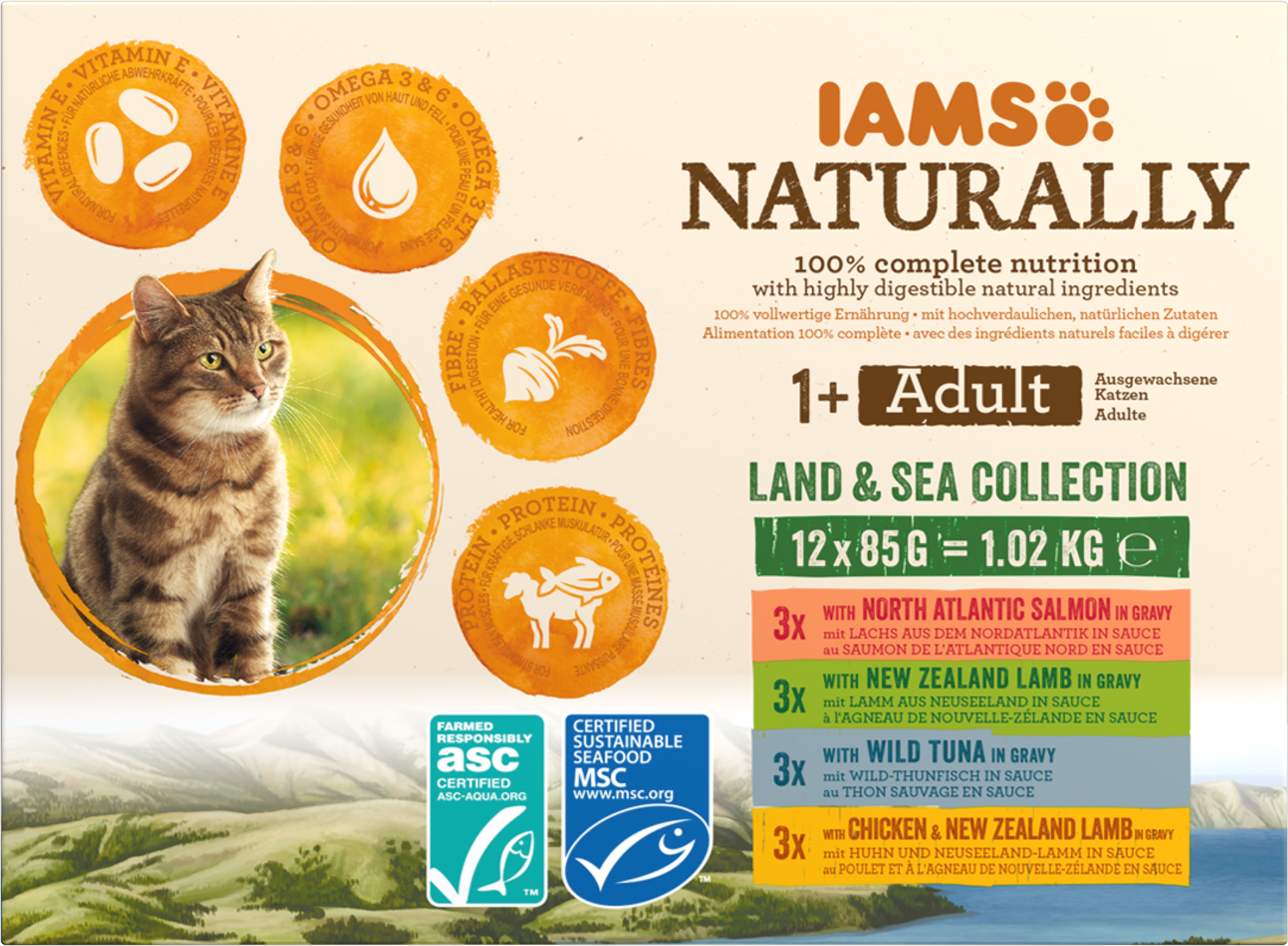 IAMS Naturally Maaltijdzakje Adult Vlees & Vis Selectie Multipack – Nat Kattenvoer – 12 x 85 g