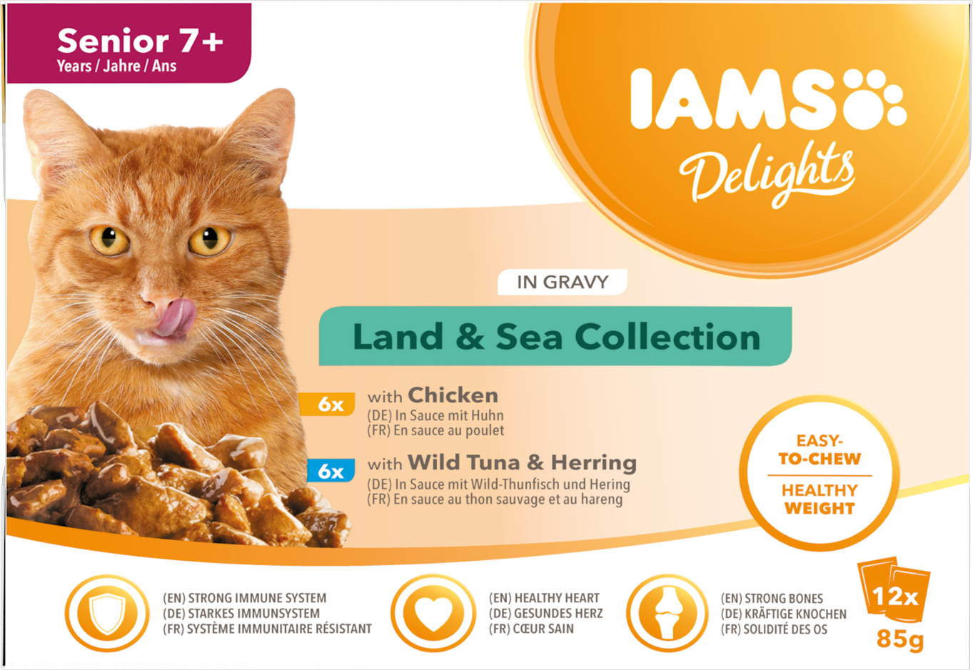 IAMS Delights Maaltijdzakje Senior Vlees & Vis Selectie Saus Multipack – Nat Kattenvoer – 12 x 85 g