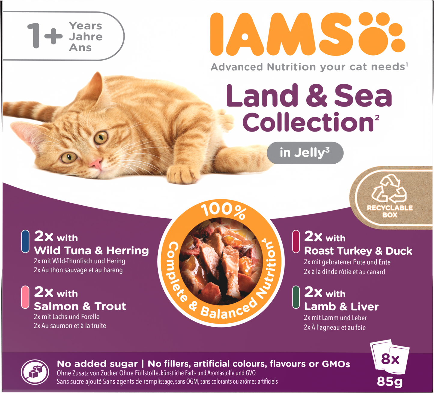 IAMS Delights maaltijdzakje Adult Vlees en Vis gelei multipack nat kattenvoer 8 x 85 g verpakking voorkant