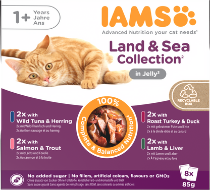 IAMS Delights maaltijdzakje Adult Vlees en Vis gelei multipack nat kattenvoer 8 x 85 g verpakking voorkant