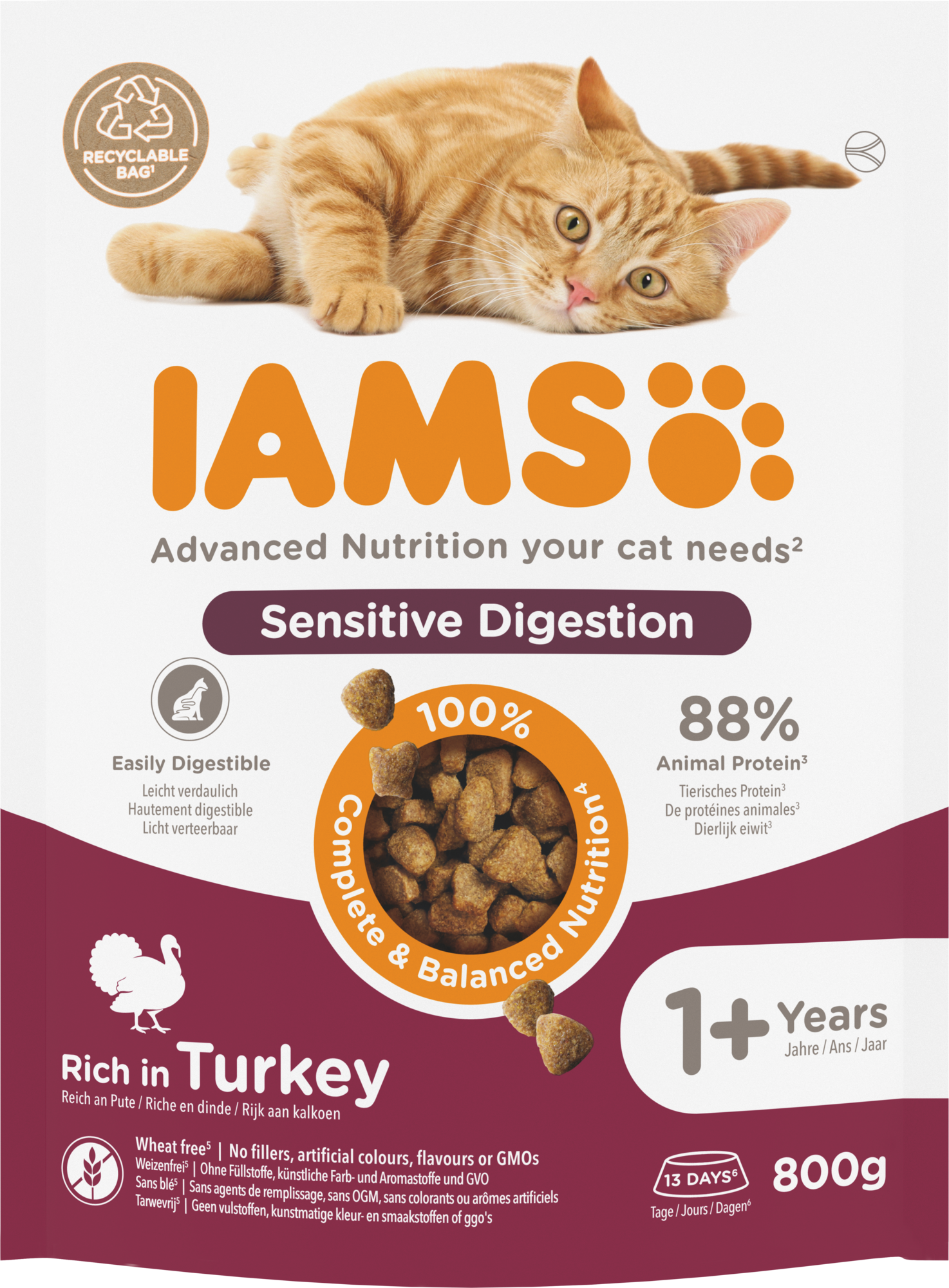 IAMS Adult Gevoelige Spijsvertering Kalkoen – Droog Kattenvoer – 800 g
