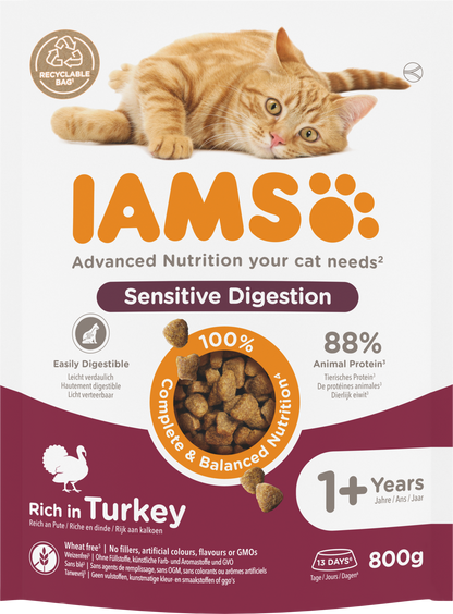 IAMS Adult Gevoelige Spijsvertering Kalkoen – Droog Kattenvoer – 800 g