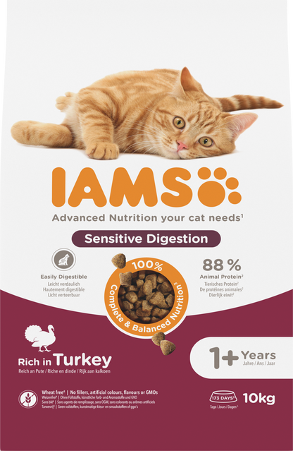 IAMS Adult Gevoelige Spijsvertering Kalkoen droog kattenvoer 10 kg
