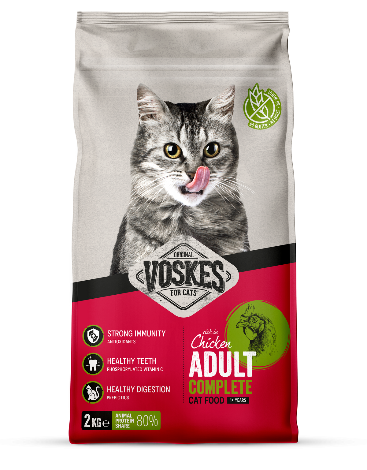 Voskes Kip droog kattenvoer voor volwassen katten 2 kg verpakking voorkant