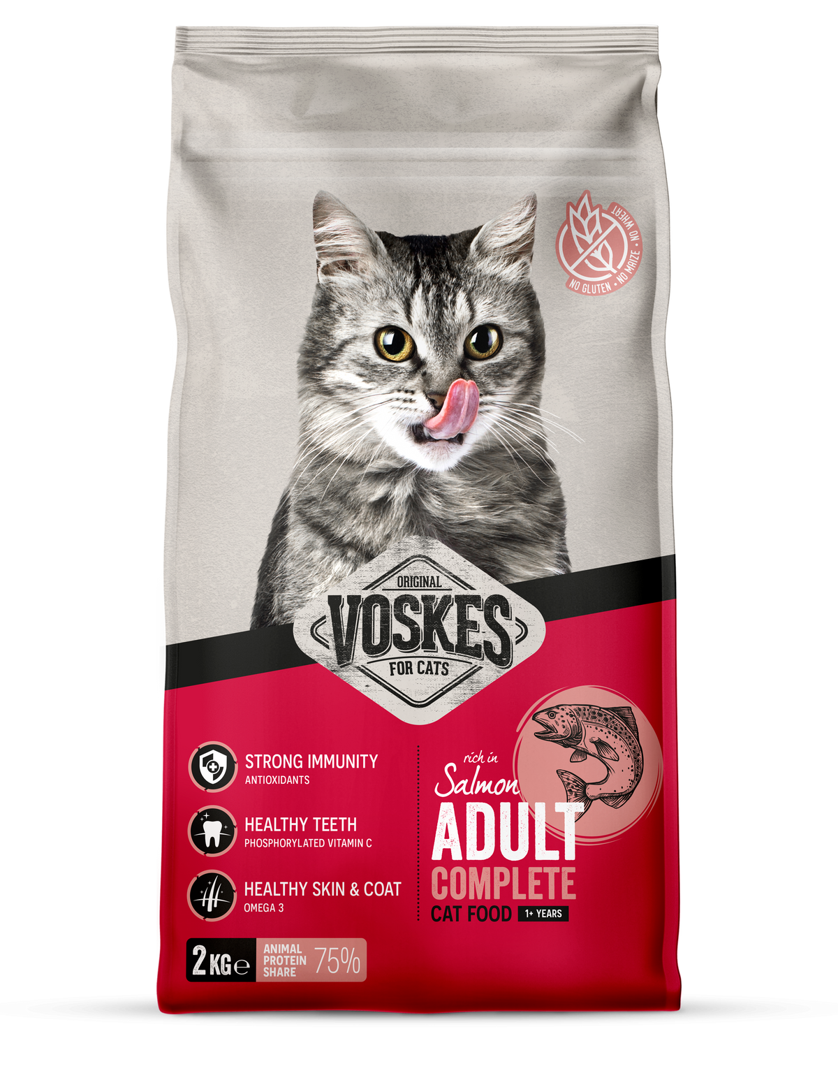 Voskes Zalm droog kattenvoer voor volwassen katten 2 kg verpakking voorkant
