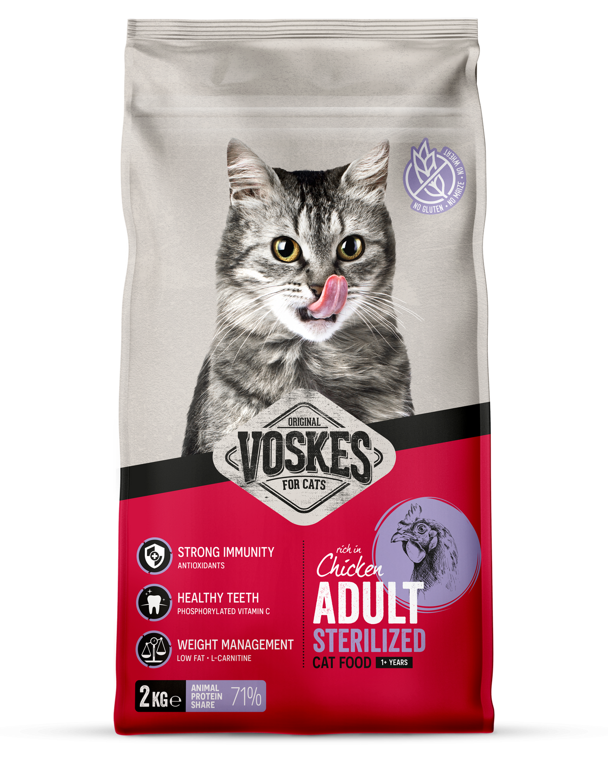 Voskes Gesteriliseerd Kip droog kattenvoer 2 kg verpakking voorkant