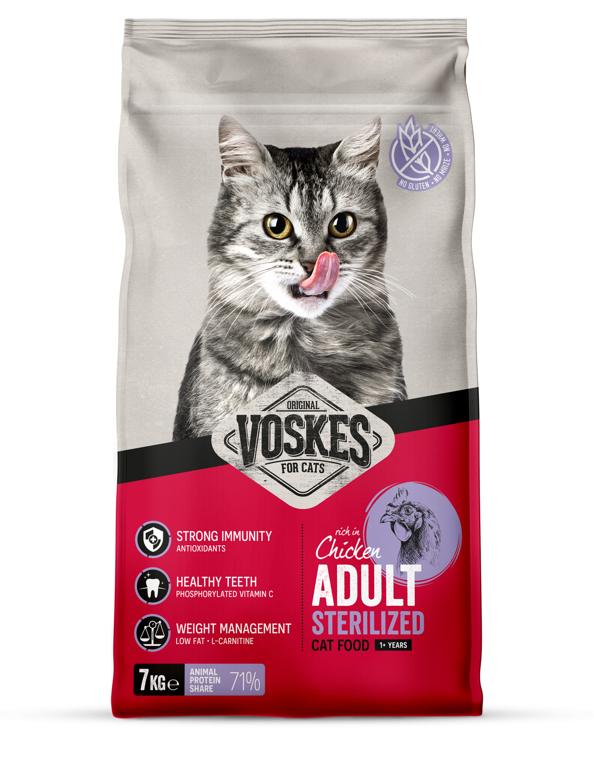 Voskes Gesteriliseerd Kip droog kattenvoer 7 kg verpakking voorkant